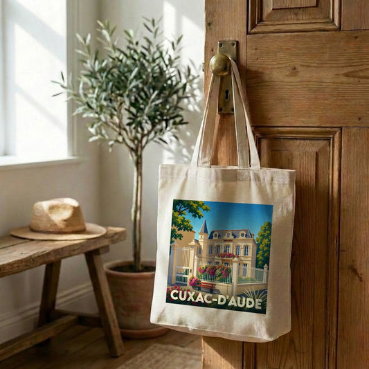 Tote bag souvenir de la ville de Cuxac-d'Aude avec une illustration stylisée.