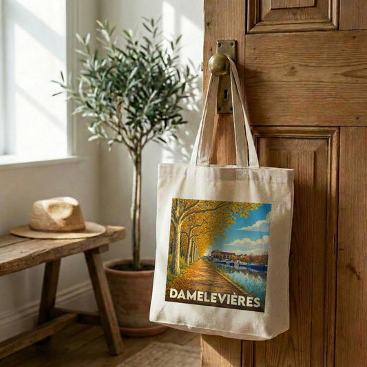 Tote bag souvenir de la ville de Damelevières avec une illustration automnale stylisée.