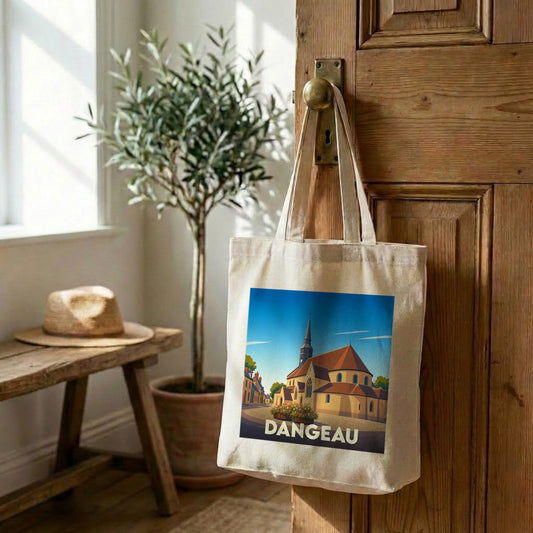 Tote bag souvenir de la ville de Dangeau avec une illustration stylisée d'une église.