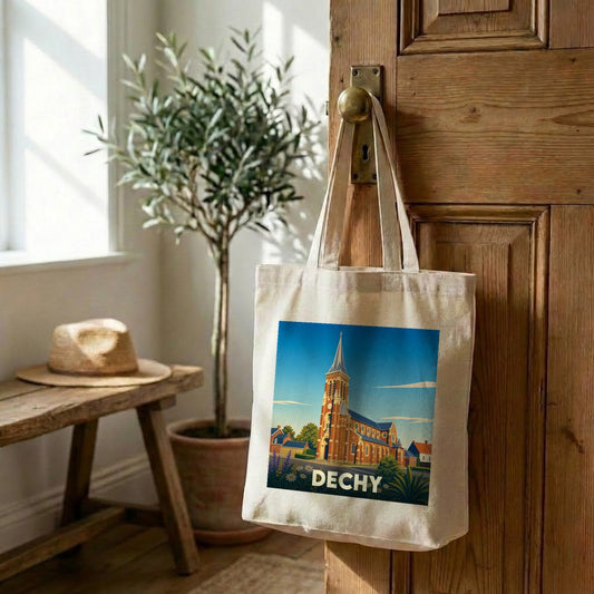 Tote bag souvenir de la ville de Dechy orné d'une illustration stylisée de son église.
