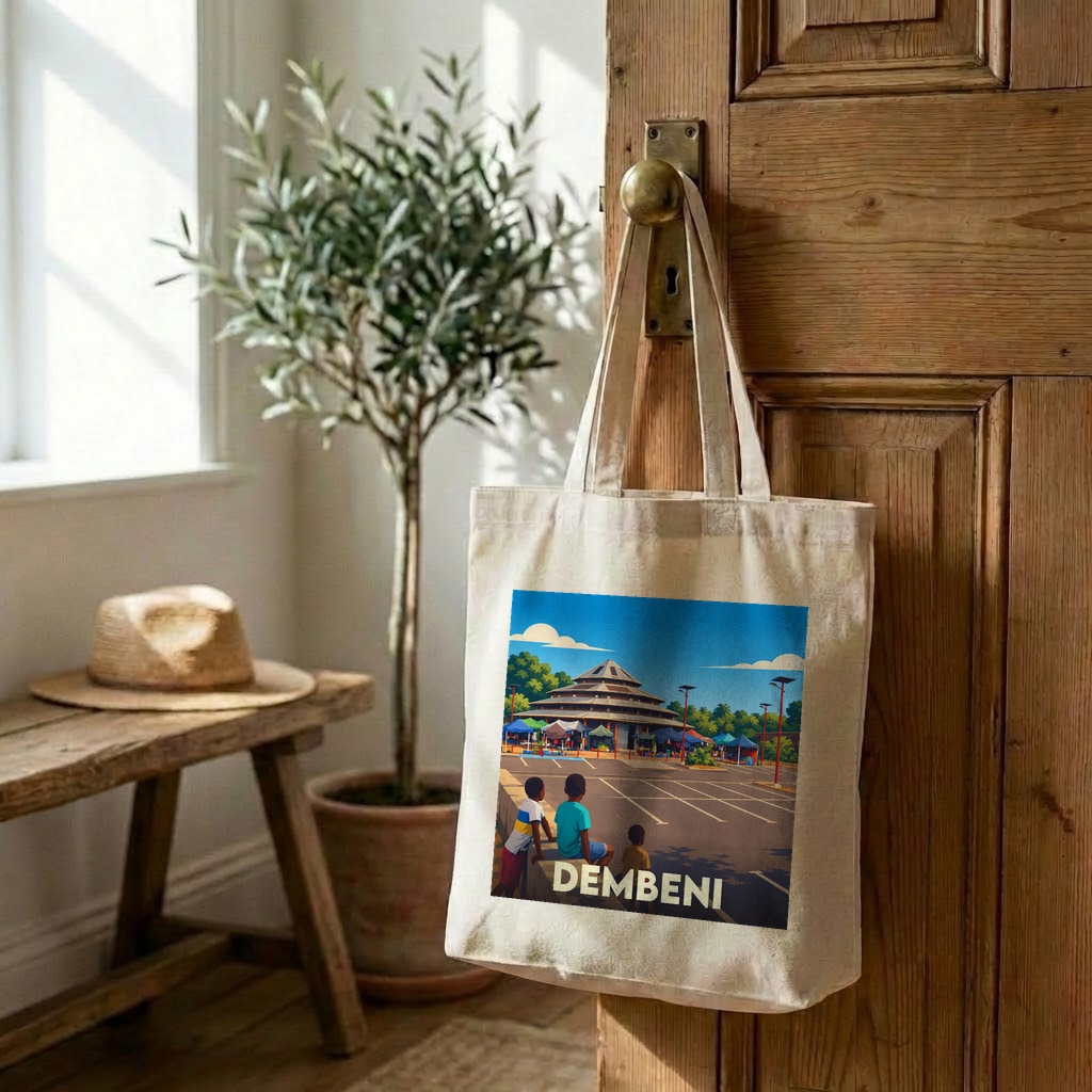 Tote bag souvenir de la ville de Dembeni avec une illustration stylisée et colorée.