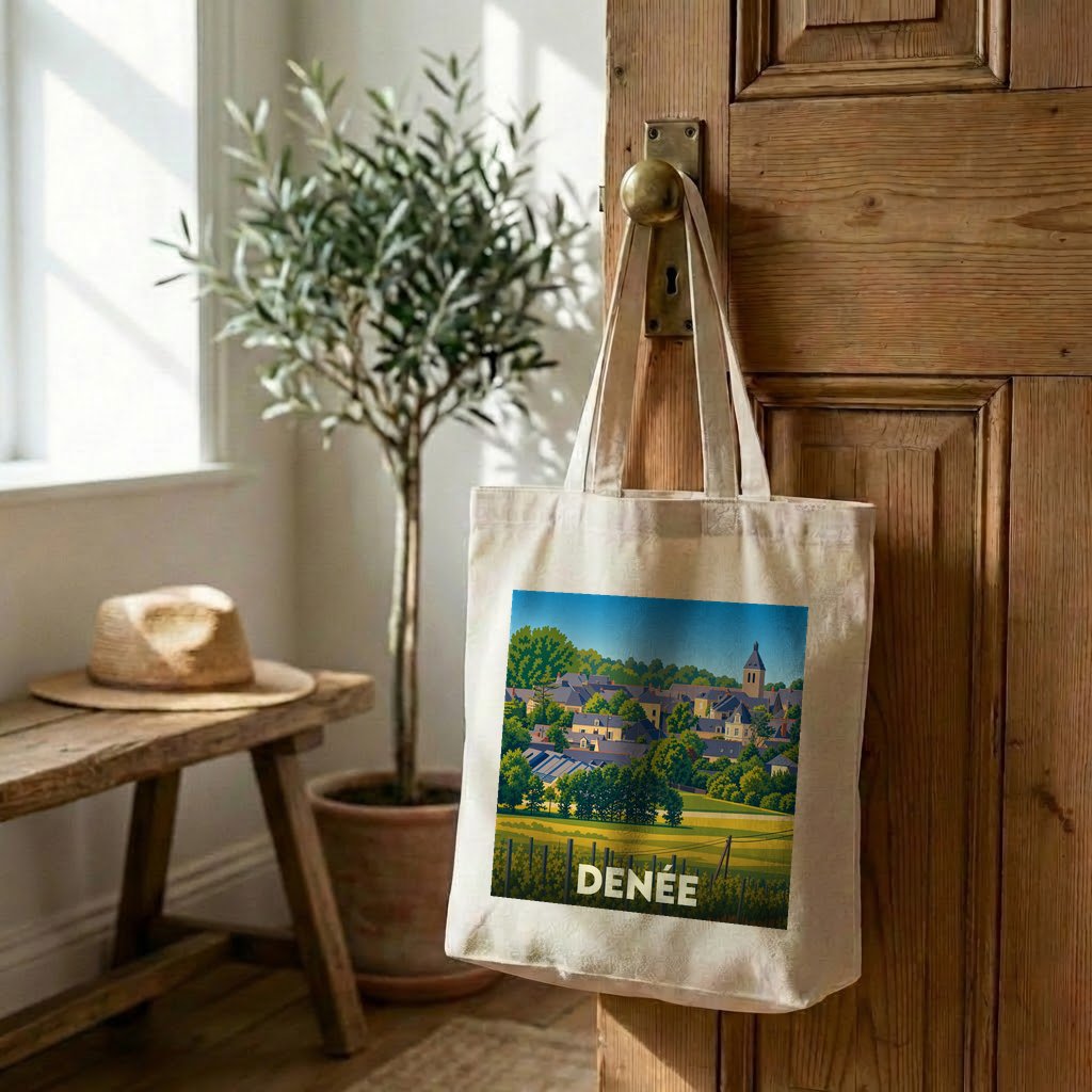Tote bag souvenir de la ville de Denée avec une illustration stylisée.