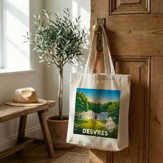 Tote bag souvenir de la ville de Desvres avec une illustration stylisée.