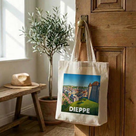 Tote bag souvenir de la ville de Dieppe avec une illustration stylisée.