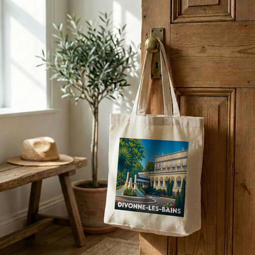 Tote bag souvenir de la ville de Divonne-les-Bains avec une illustration stylisée d'un bâtiment thermal et d'une fontaine.