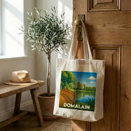 Tote bag souvenir de la ville de Domalain avec une illustration stylisée d'un pont au bord de l'eau.