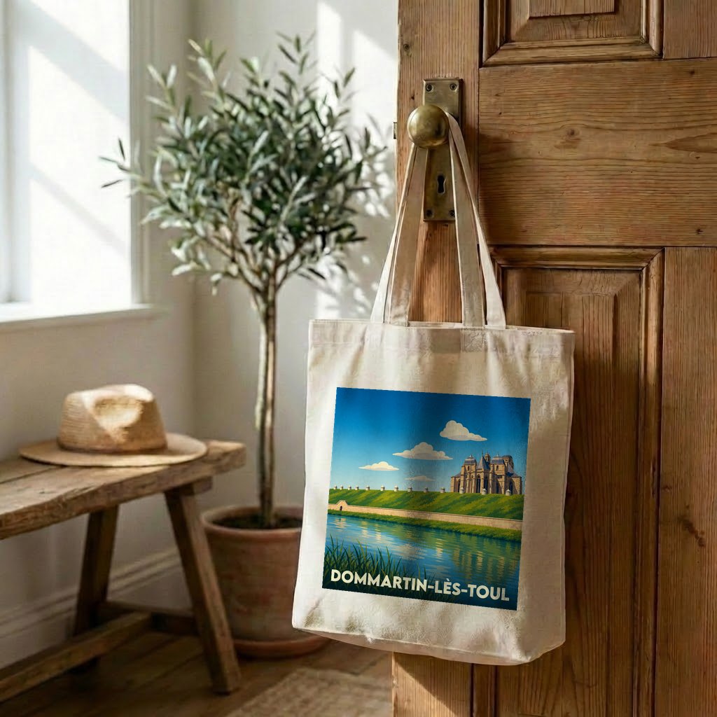 Tote bag souvenir de la ville de Dommartin-lès-Toul avec une illustration stylisée d'un monument au bord de l'eau.