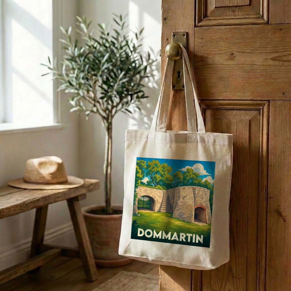 Tote bag souvenir de la ville de Dommartin avec une illustration stylisée.