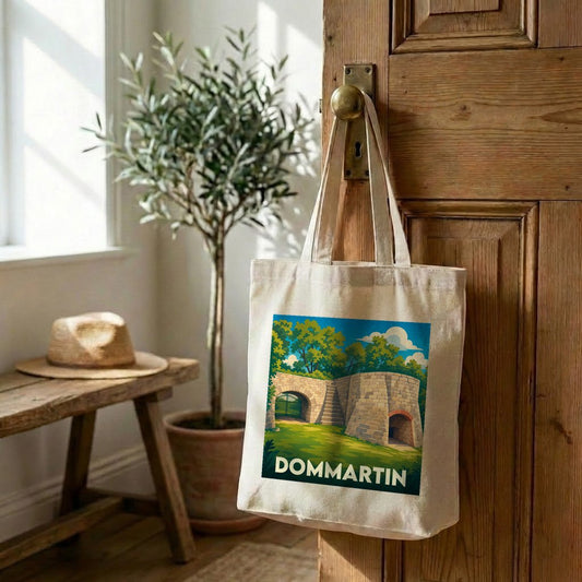Tote bag souvenir de la ville de Dommartin avec une illustration stylisée.