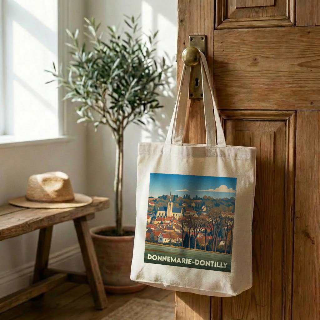 Tote bag souvenir de la ville de Donnemarie-Dontilly avec une illustration stylisée.