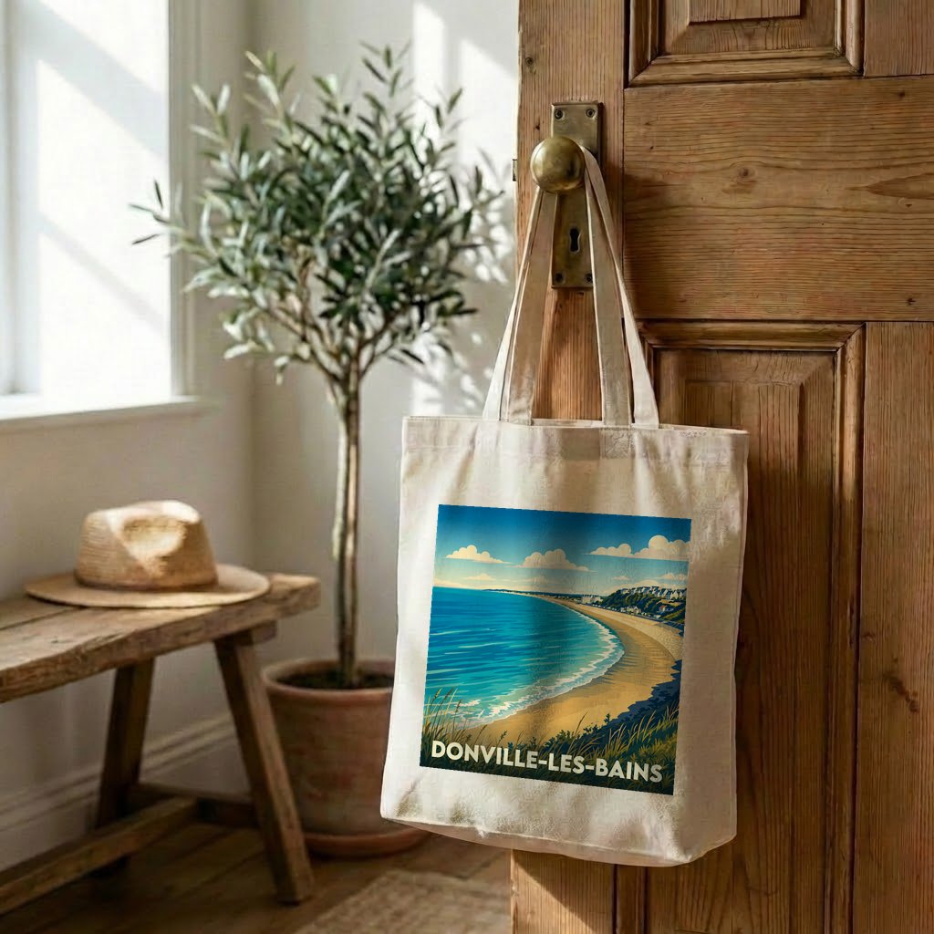 Tote bag souvenir de la ville de Donville-les-Bains avec une illustration balnéaire stylisée.