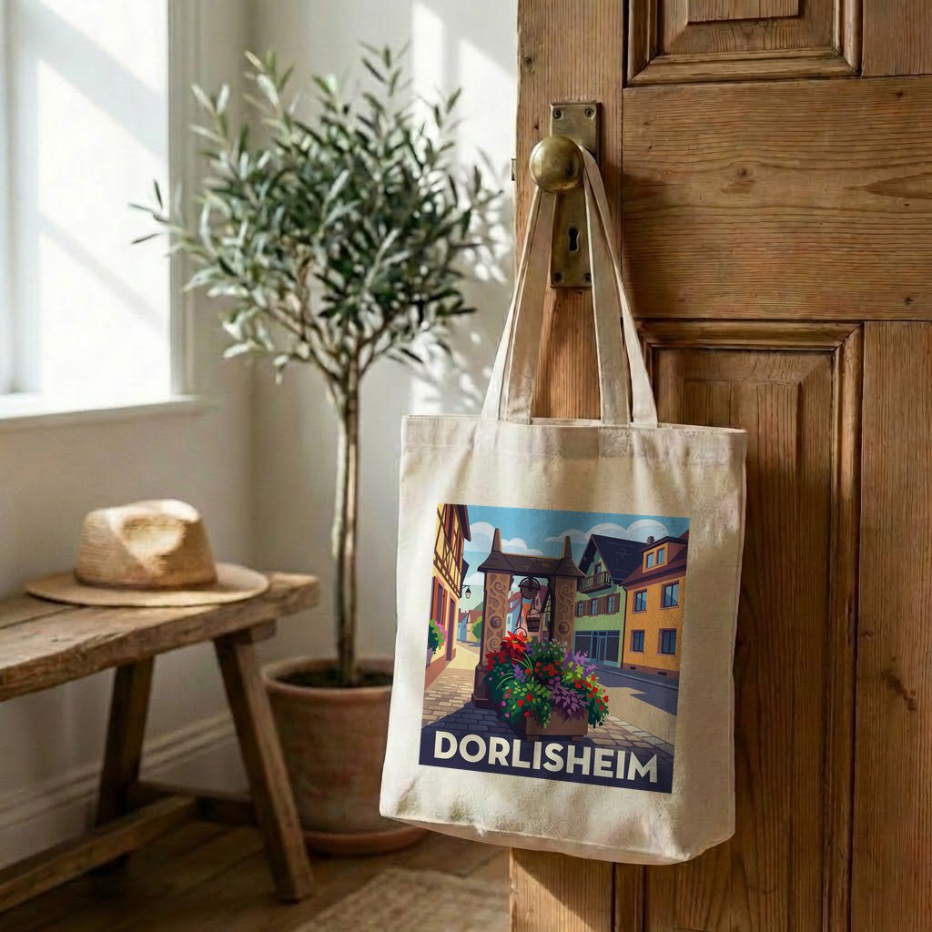 Tote bag souvenir de la ville de Dorlisheim avec une illustration stylisée.