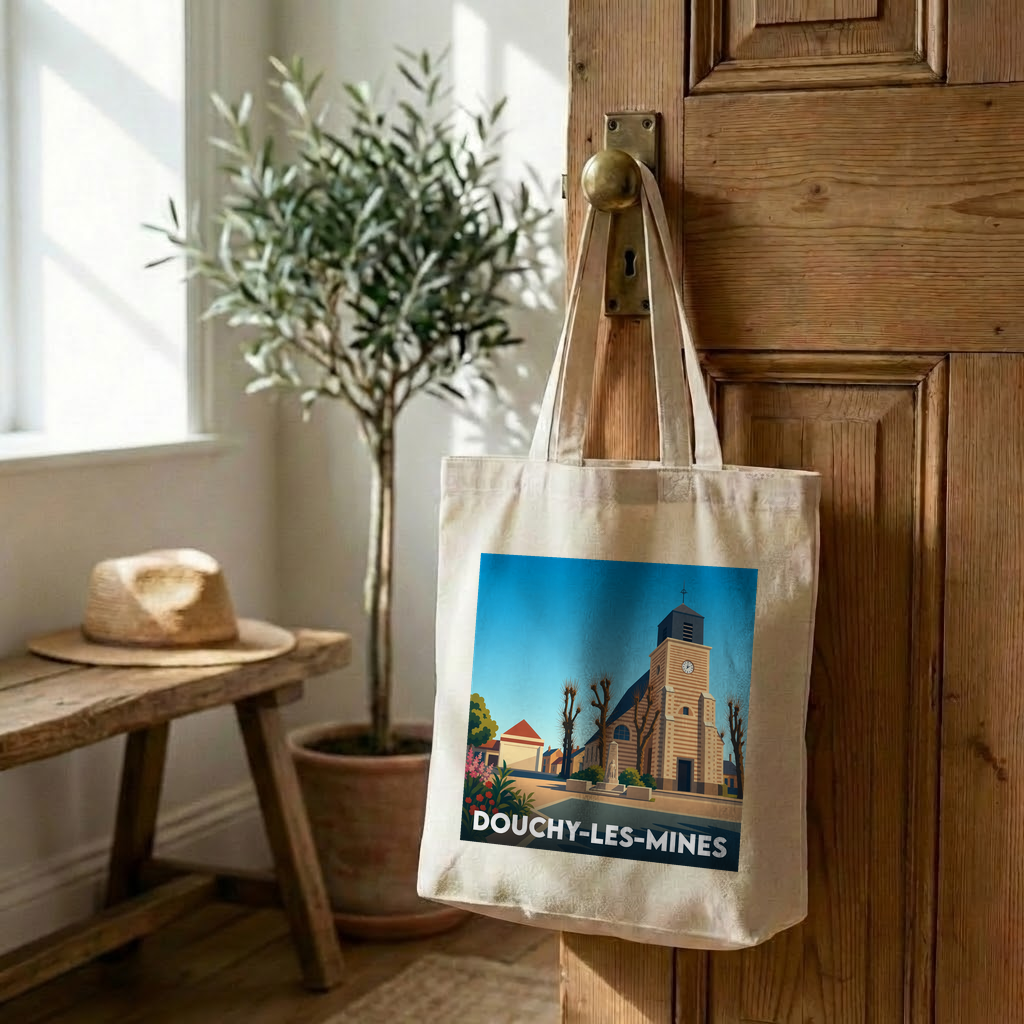 Tote bag souvenir de la ville de Douchy-les-Mines avec une illustration stylisée de son église.