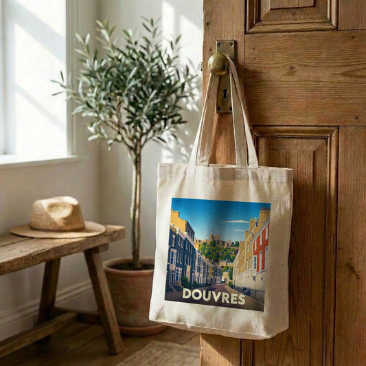 Sac cabas souvenir de la ville de Douvres avec une illustration stylisée.