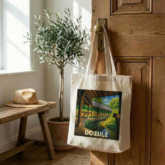 Tote bag souvenir de la ville de Dozulé avec une illustration stylisée d'un lavoir couvert.