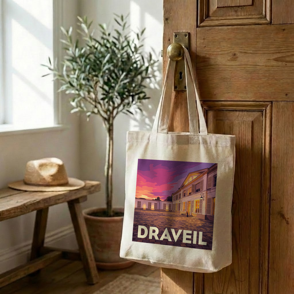 Tote bag souvenir de la ville de Draveil avec une illustration stylisée.