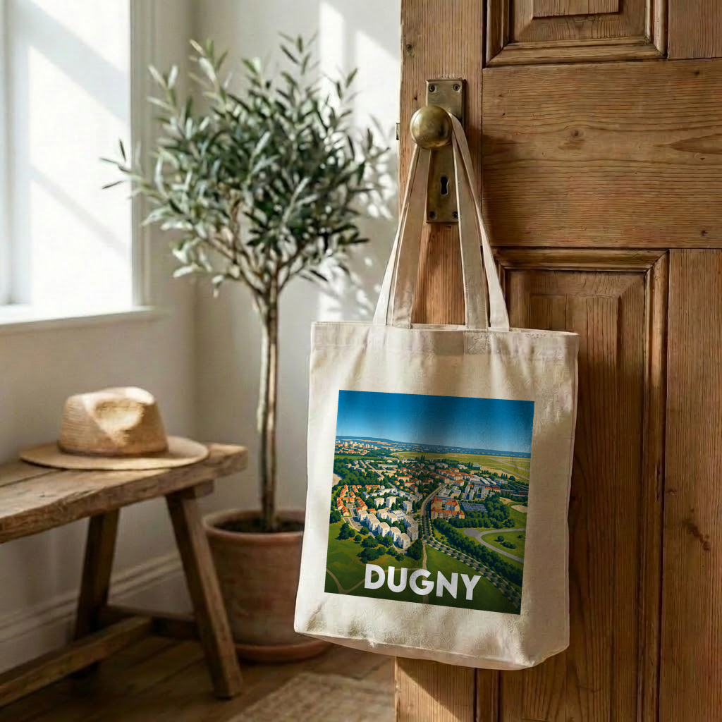 Tote bag souvenir de la ville de Dugny avec une illustration aérienne colorée.