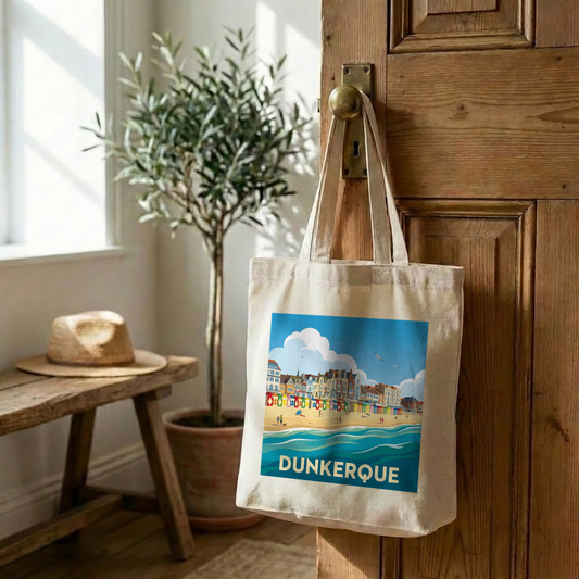 Tote bag souvenir de la ville de Dunkerque avec une illustration stylisée.