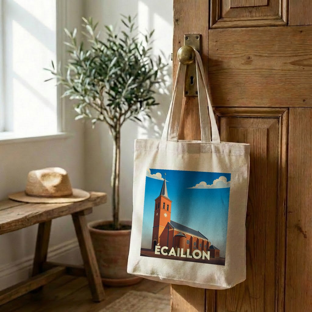 Tote bag souvenir de la ville d'Écaillon avec une illustration stylisée d'une église.