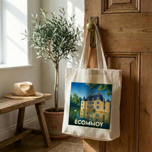 Tote bag souvenir de la ville d'Écommoy avec une illustration stylisée d'un château au bord de l'eau.