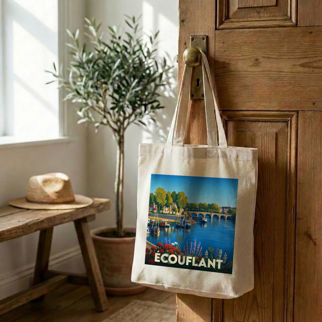 Tote bag souvenir de la ville de Écouflant avec une illustration stylisée.