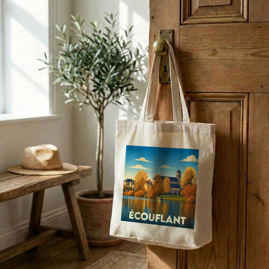 Tote bag souvenir de la ville de Écouflant avec une illustration stylisée de son paysage fluvial en automne.