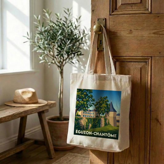 Tote bag souvenir de la ville de Éguzon-Chantôme avec une illustration stylisée d'un manoir.