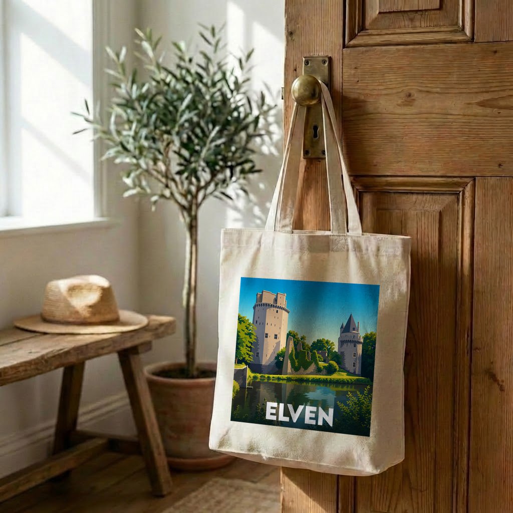 Tote bag souvenir de la ville d'Elven avec une illustration stylisée de son château.