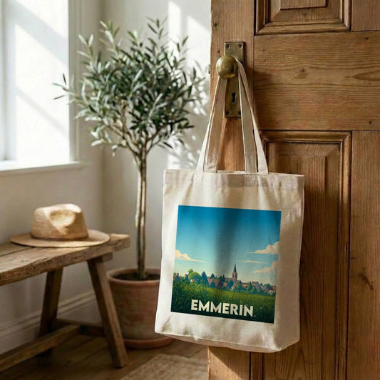 Tote bag souvenir de la ville d'Emmerin avec une illustration stylisée de son paysage urbain.