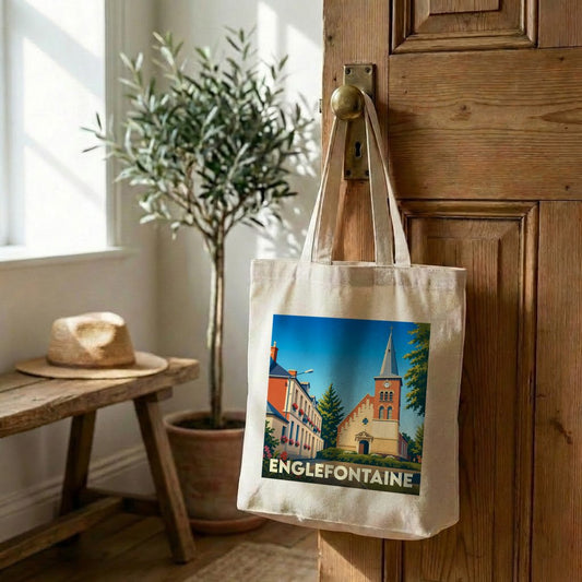 Tote bag souvenir de la ville d'Englefontaine avec une illustration colorée et stylisée de son église.