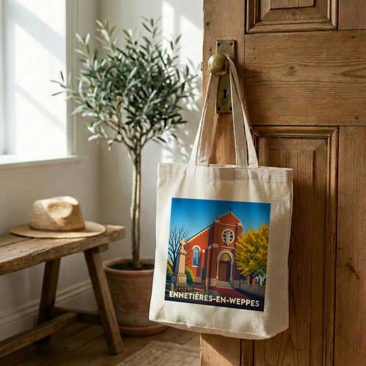 Tote bag souvenir de la ville d'Ennetières-en-Weppes avec une illustration stylisée de son église.