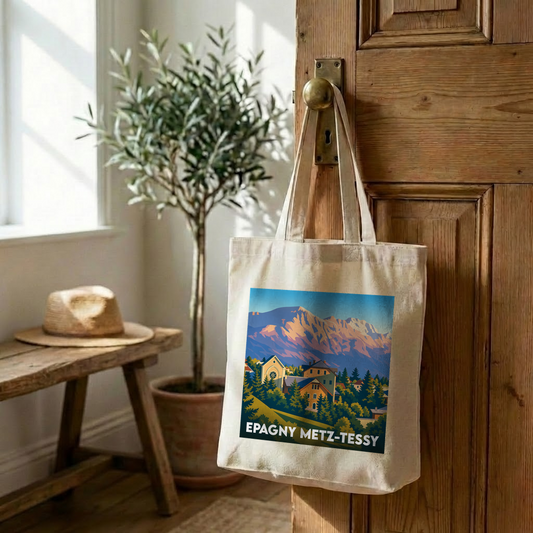 Tote bag souvenir de la ville d'Epagny Metz-Tessy orné d'une illustration de paysage de montagne.