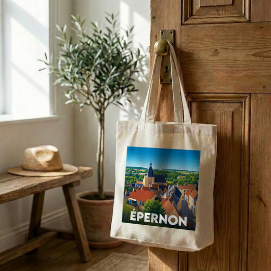 Tote bag souvenir de la ville d'Épernon avec une illustration stylisée.