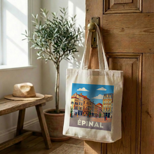 Tote bag souvenir de la ville d'Épinal avec une illustration stylisée.