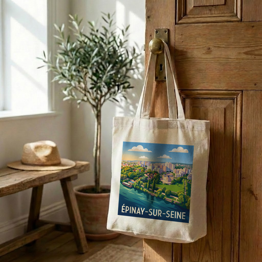 Tote bag souvenir de la ville de Épinay-sur-Seine avec une illustration stylisée.
