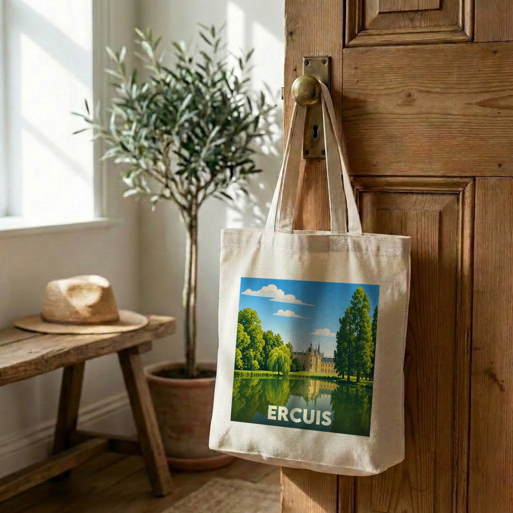 Tote bag souvenir de la ville de Ercuis avec une illustration stylisée d'un château au bord de l'eau.