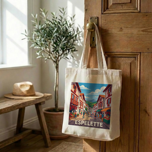 Tote bag souvenir de la ville d'Espelette avec une illustration stylisée.