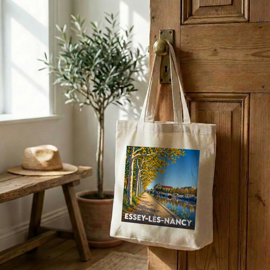 Tote bag souvenir de la ville d'Essey-lès-Nancy avec une illustration stylisée d'un canal bordé d'arbres en automne.