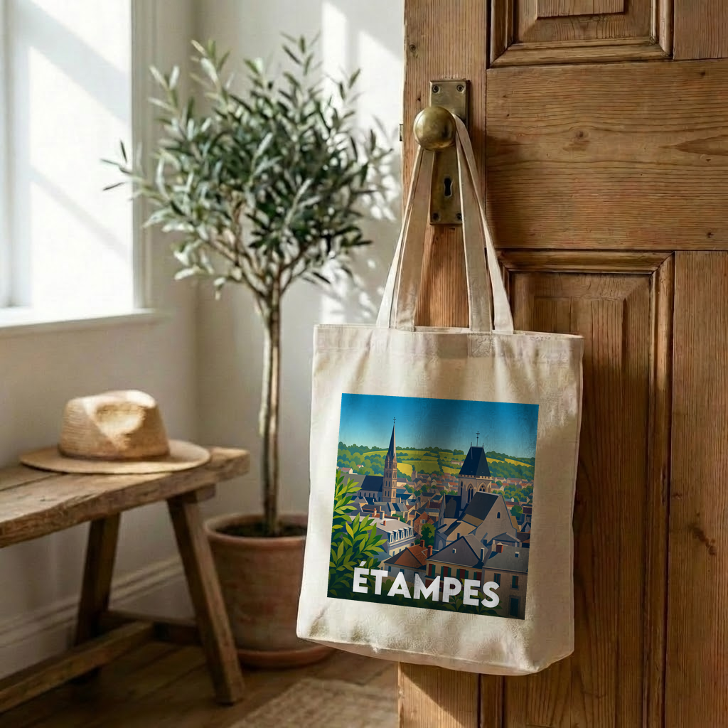 Tote bag souvenir de la ville d'Étampes avec une illustration stylisée.