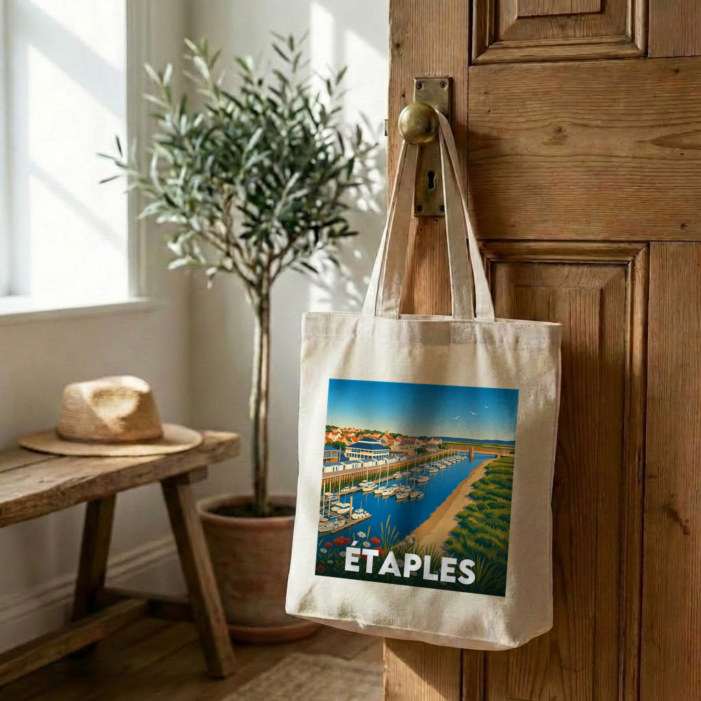 Tote bag souvenir de la ville d'Étaples avec une illustration stylisée.