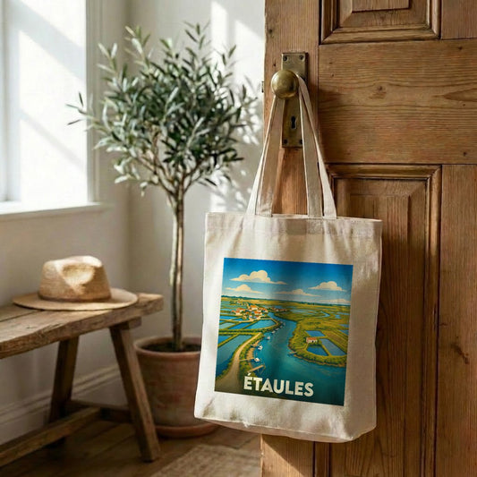 Tote bag souvenir de la ville d'Étaules avec une illustration stylisée de ses marais.