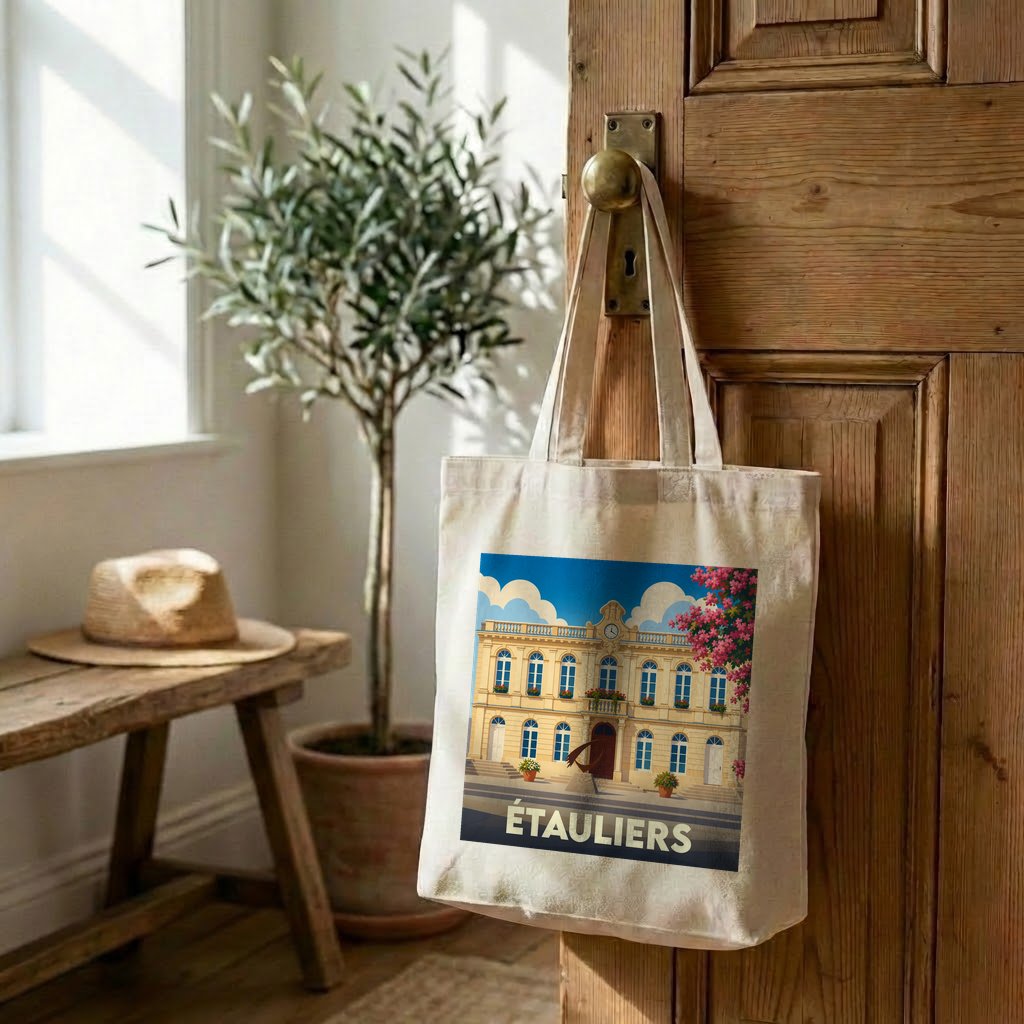 Tote bag souvenir de la ville d'Étauliers avec une illustration stylisée de sa mairie.
