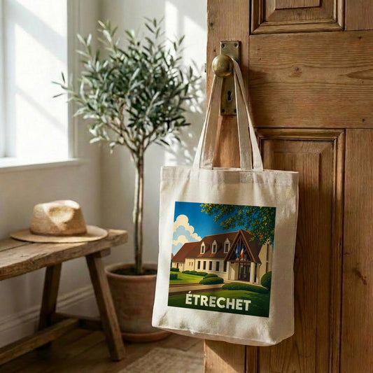 Tote bag souvenir de la ville de Étrechet avec une illustration stylisée.