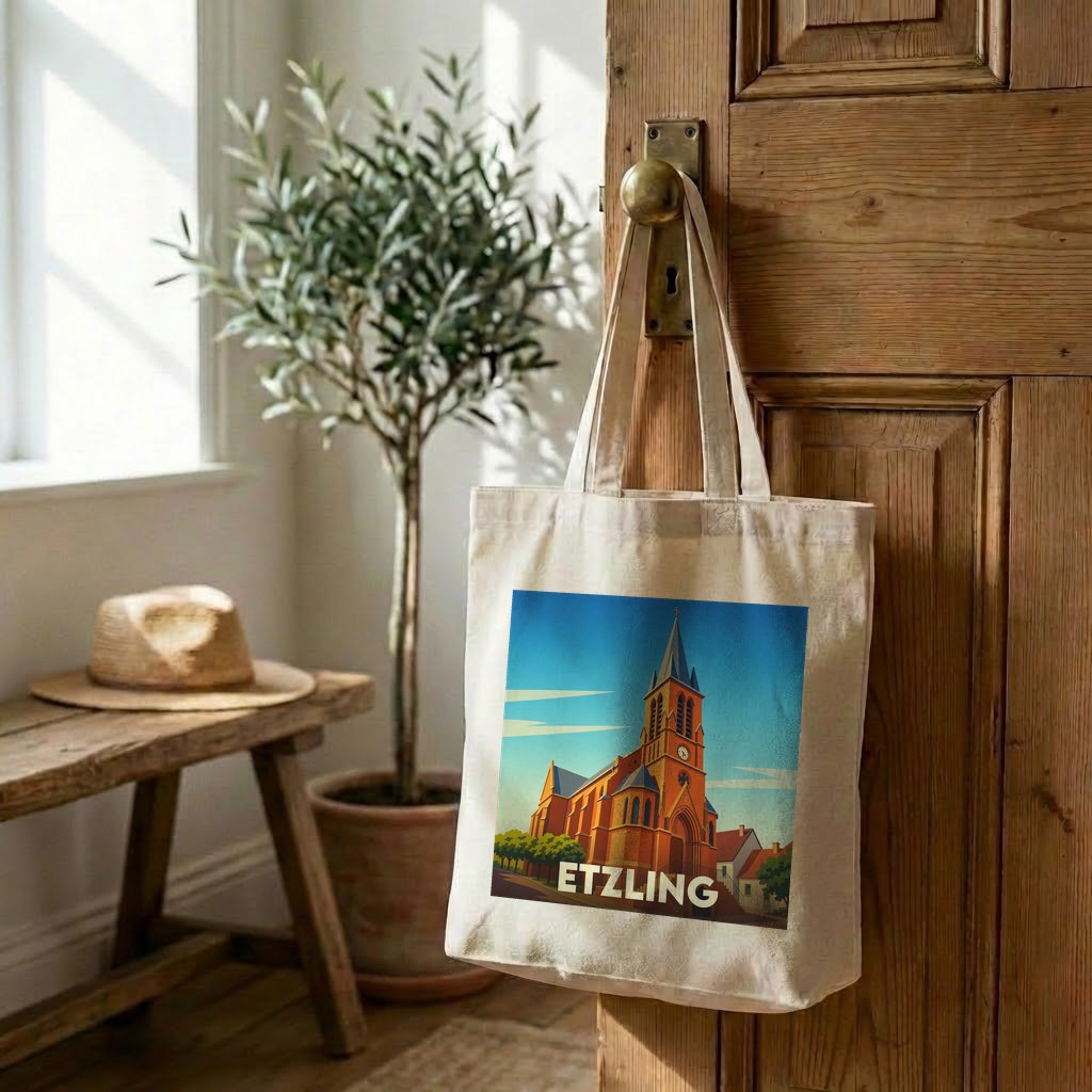 Tote bag souvenir de la ville d'Etzling avec une illustration stylisée de son église.