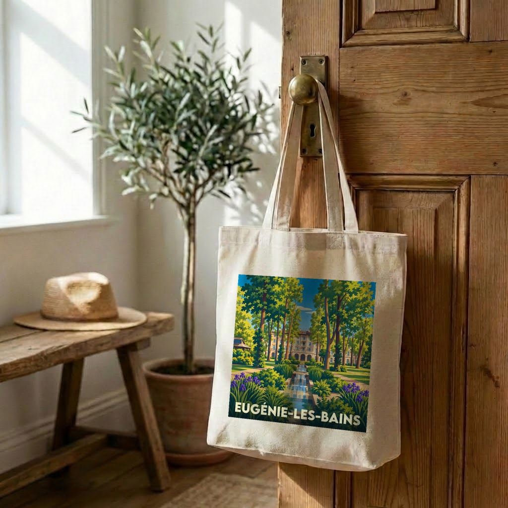 Tote bag souvenir de la ville d'Eugénie-les-Bains avec une illustration stylisée de ses jardins.