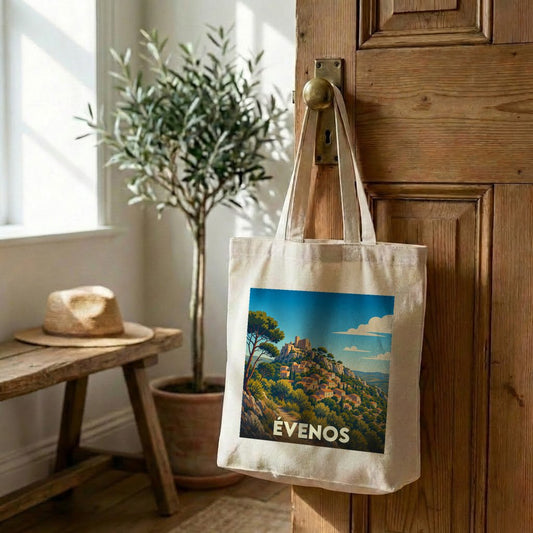 Tote bag souvenir de la ville de Évenos avec une illustration stylisée.
