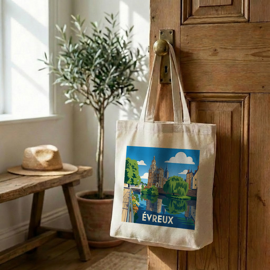 Tote bag souvenir de la ville d'Évreux avec une illustration stylisée.