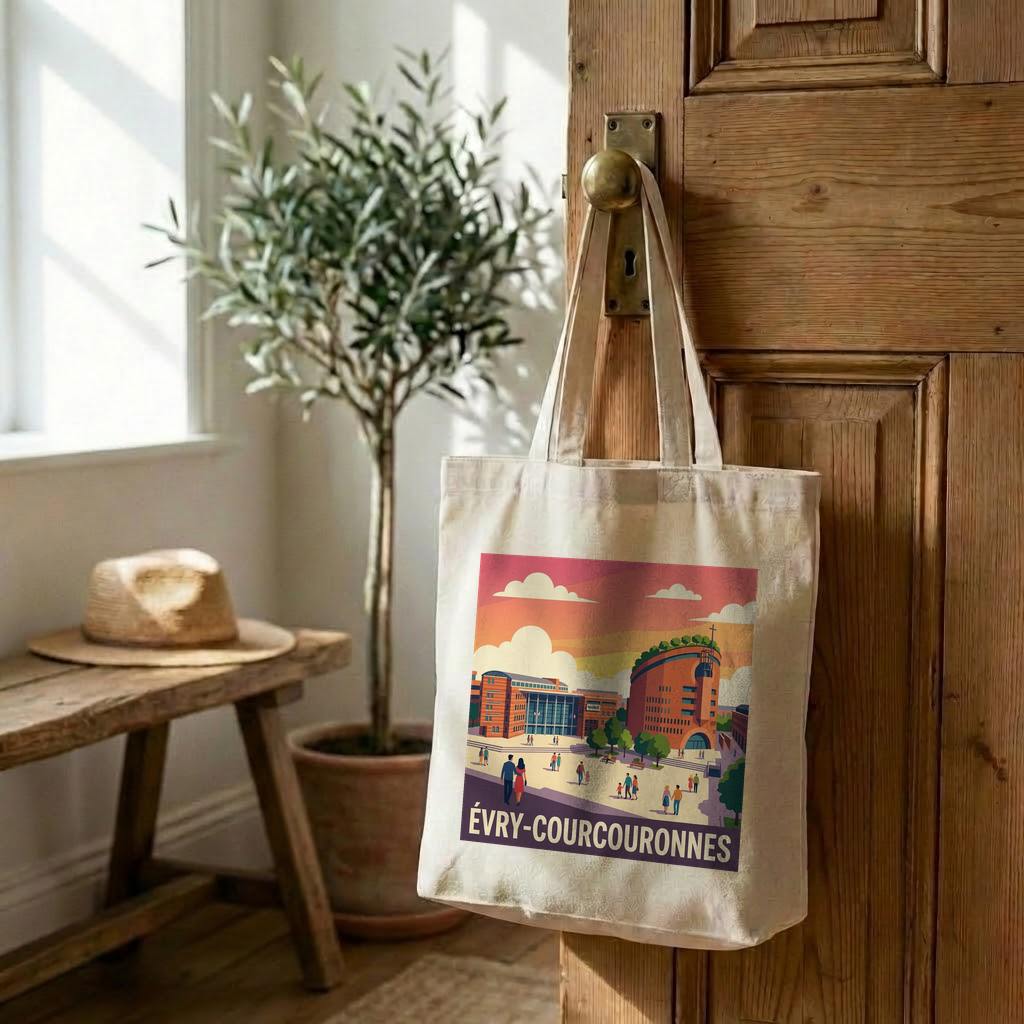 Tote bag souvenir de la ville de Évry-Courcouronnes avec une illustration stylisée.