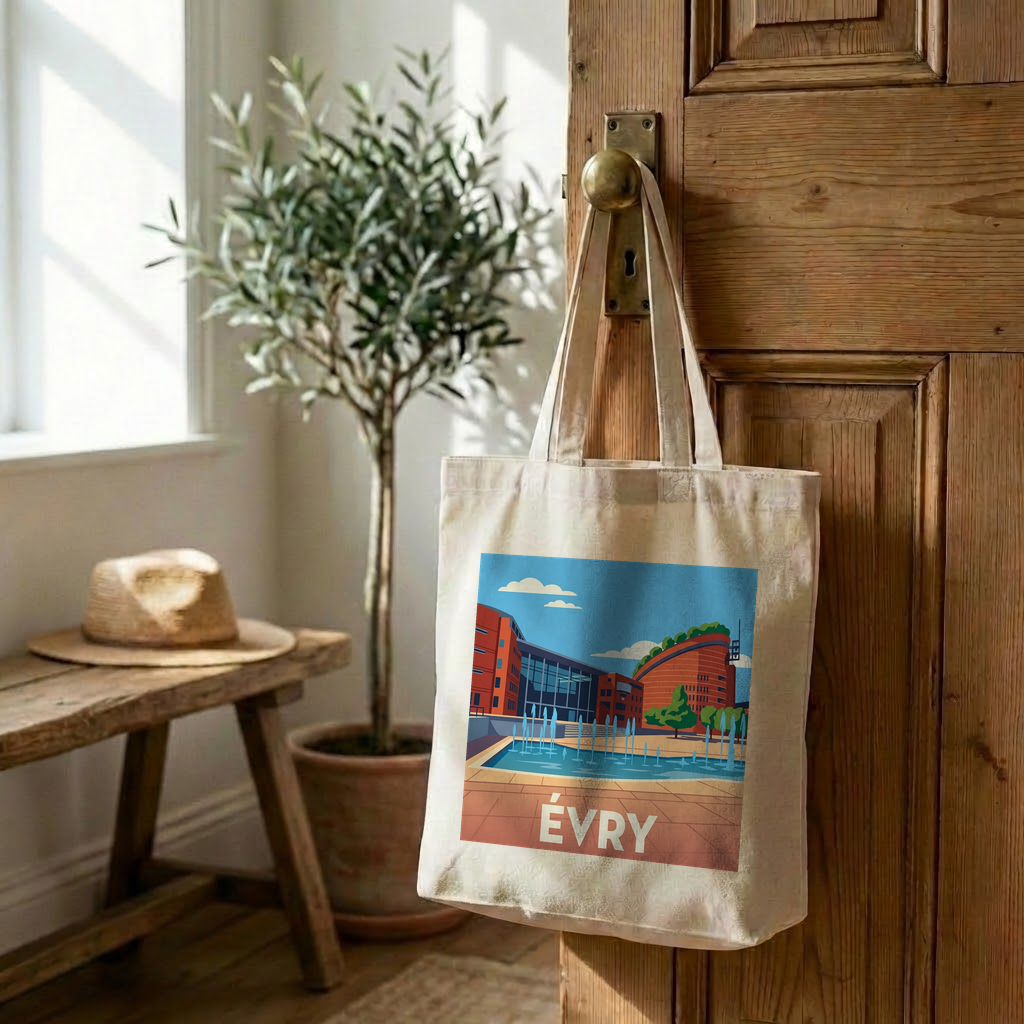 Tote bag souvenir de la ville d'Évry avec une illustration graphique stylisée.