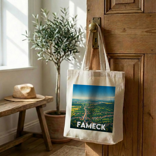 Tote bag souvenir de la ville de Fameck avec une illustration stylisée.